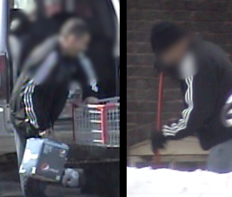 Two photos of a man lifting heavy groceries and shoveling snow